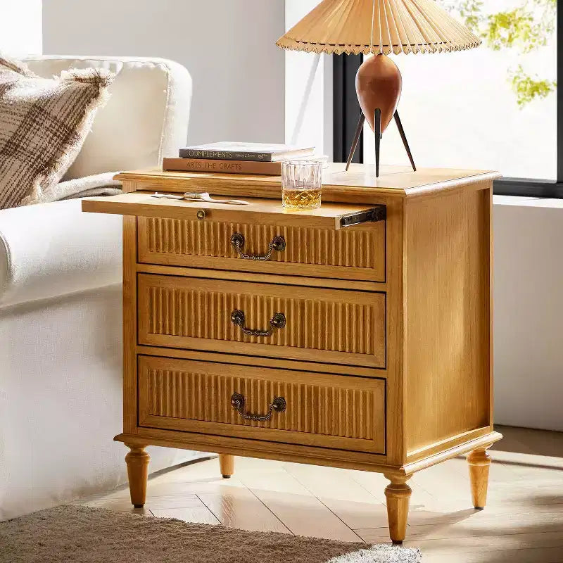 3-Drawer Solid Wood End Table with Built-In Outlet & Pull-Out Tray – Black