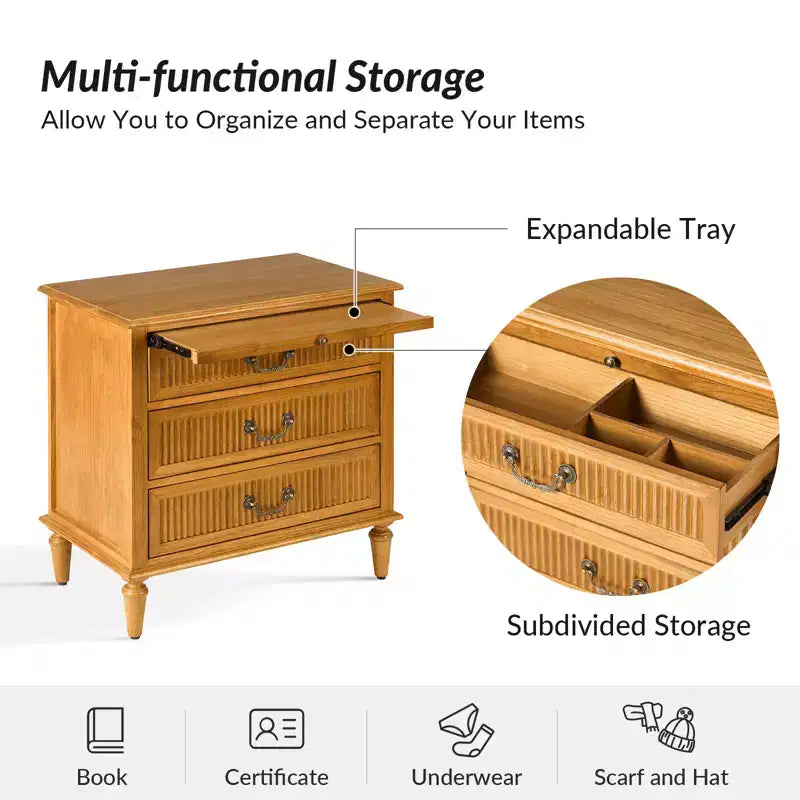 3-Drawer Solid Wood End Table with Built-In Outlet & Pull-Out Tray – Black