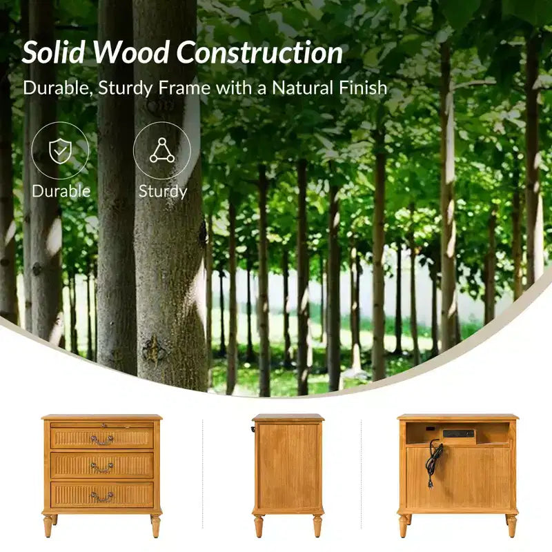 3-Drawer Solid Wood End Table with Built-In Outlet & Pull-Out Tray – Black