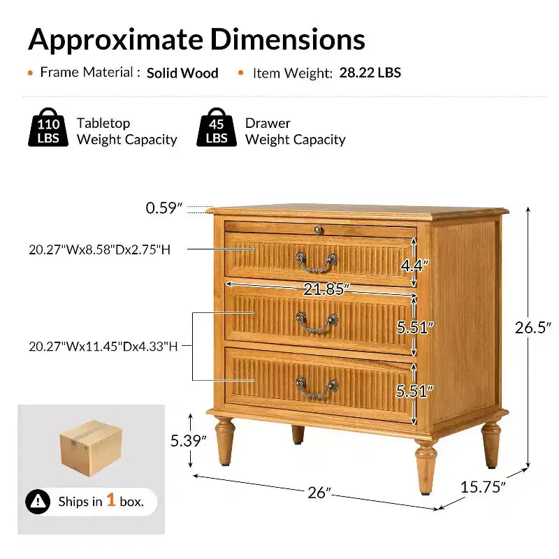3-Drawer Solid Wood End Table with Built-In Outlet & Pull-Out Tray – Black