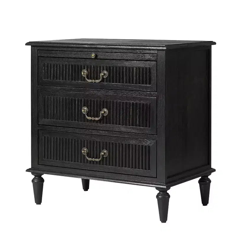 3-Drawer Solid Wood End Table with Built-In Outlet & Pull-Out Tray – Black
