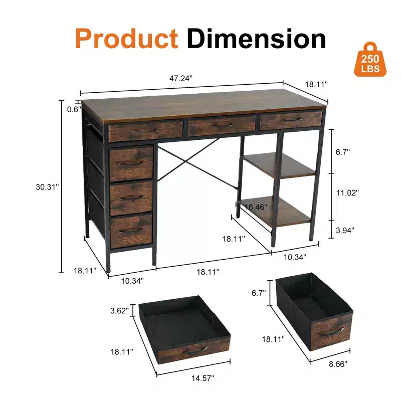 Computer Desk with 6 Fabric Drawers & Adjustable Shelf – Home Office Gaming Desk