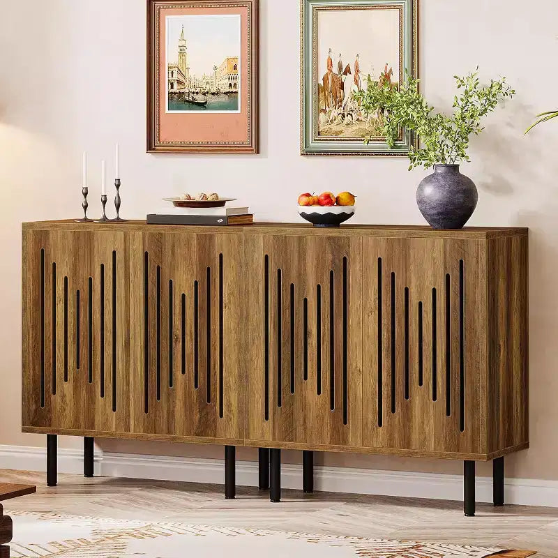 59-Inch Rustic Brown Sideboard Buffet with Adjustable Shelves – Set of 2