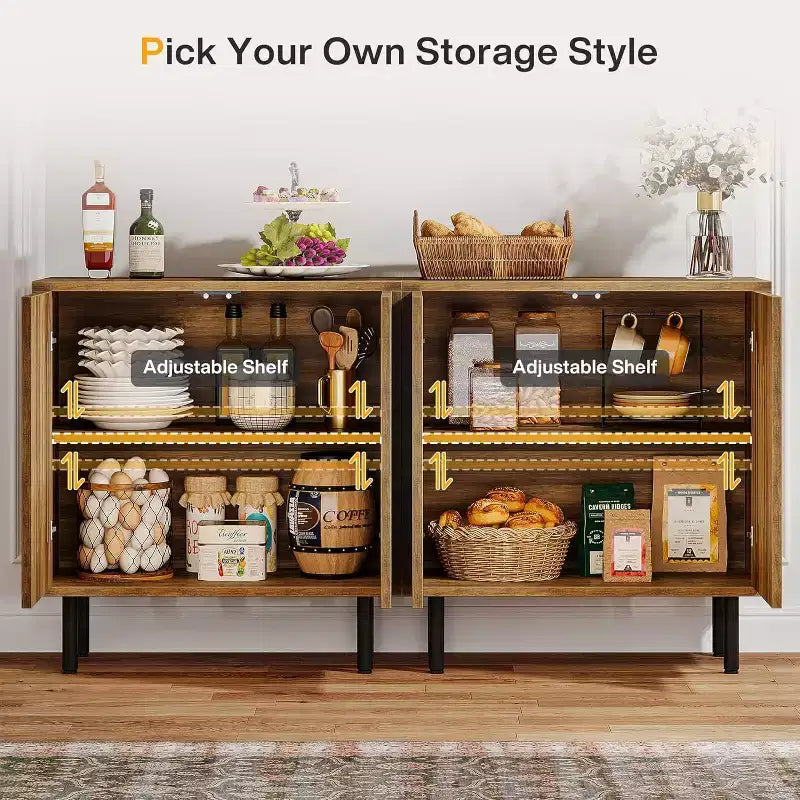 59-Inch Rustic Brown Sideboard Buffet with Adjustable Shelves – Set of 2