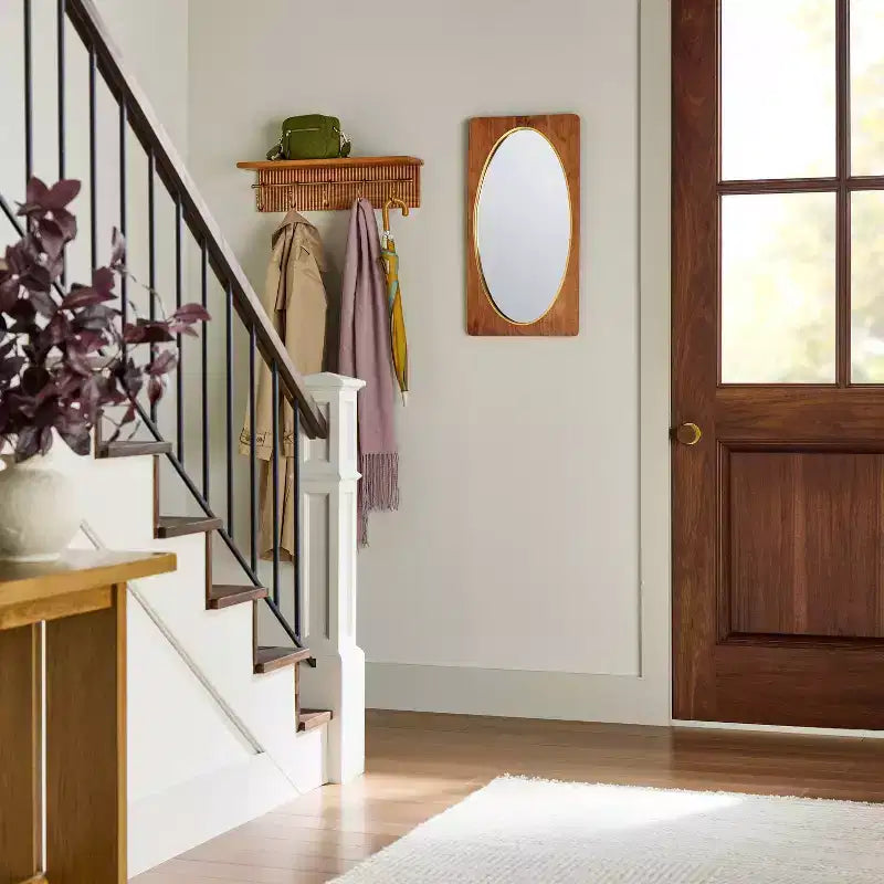 24-Inch Grooved Wood Wall Shelf with Rail and Metal Hooks for Entryway