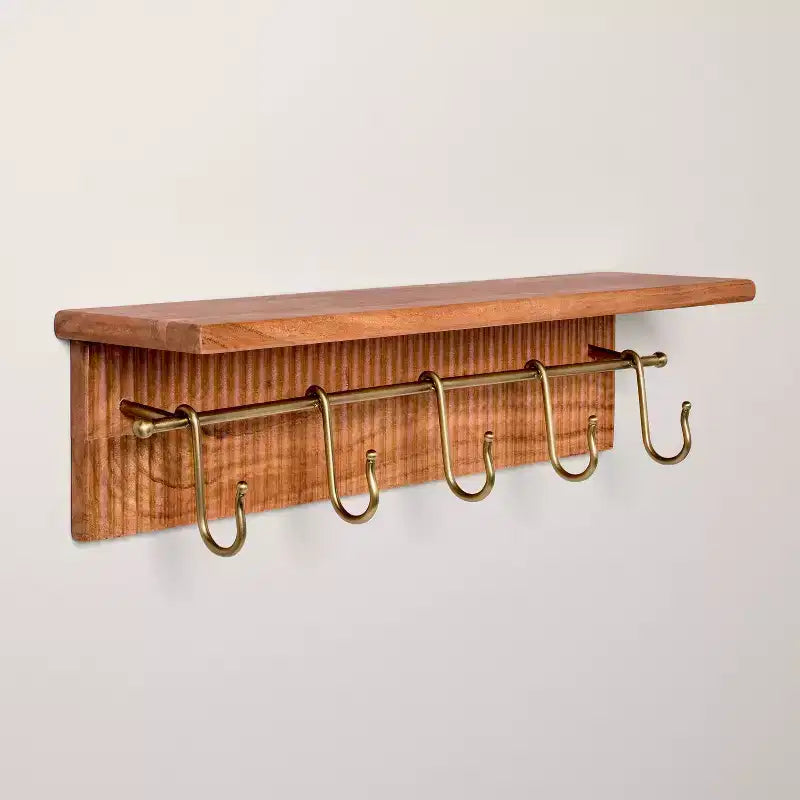 24-Inch Grooved Wood Wall Shelf with Rail and Metal Hooks for Entryway