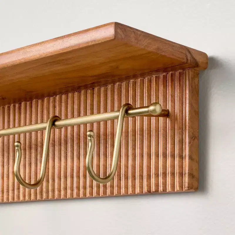 24-Inch Grooved Wood Wall Shelf with Rail and Metal Hooks for Entryway