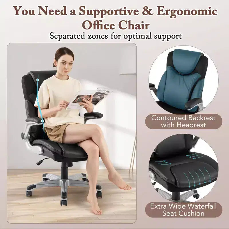 Costway Ergonomic Office Chair PU Leather Executive Swivel with Flip-up Armrests Brown/White/Black