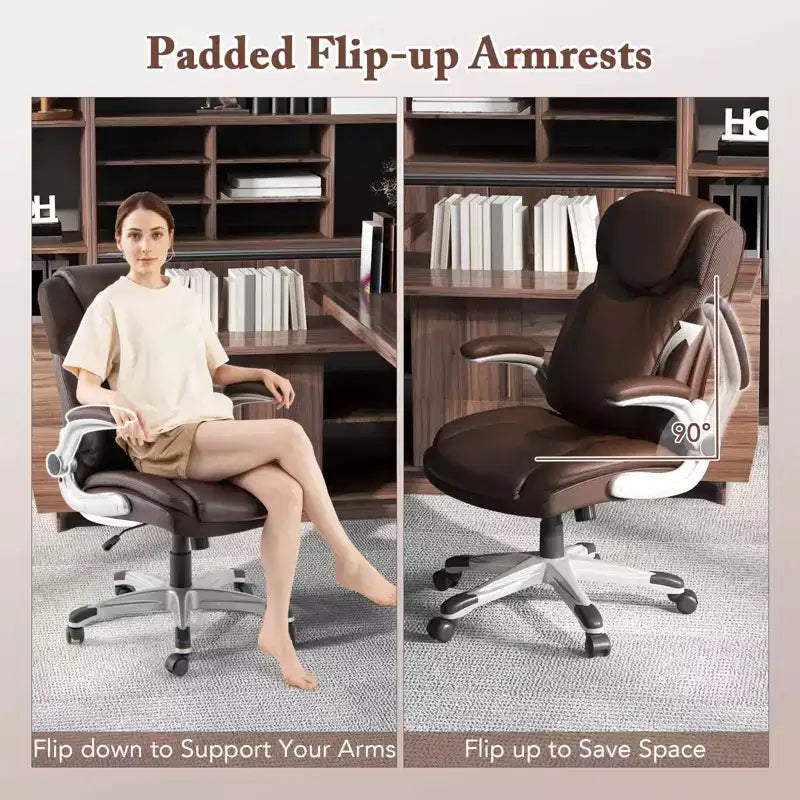 Costway Ergonomic Office Chair PU Leather Executive Swivel with Flip-up Armrests Brown/White/Black