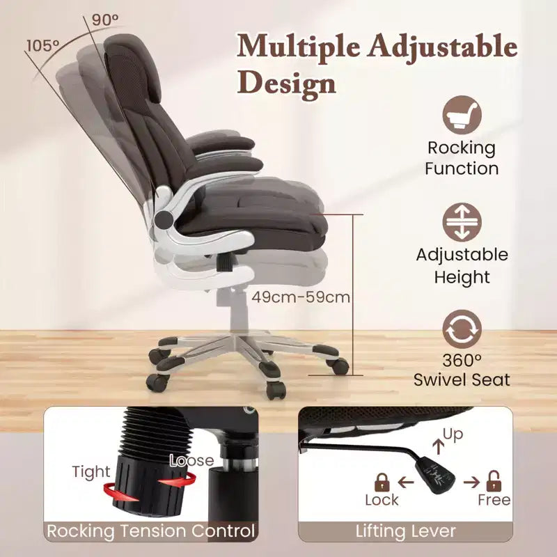 Costway Ergonomic Office Chair PU Leather Executive Swivel with Flip-up Armrests Brown/White/Black