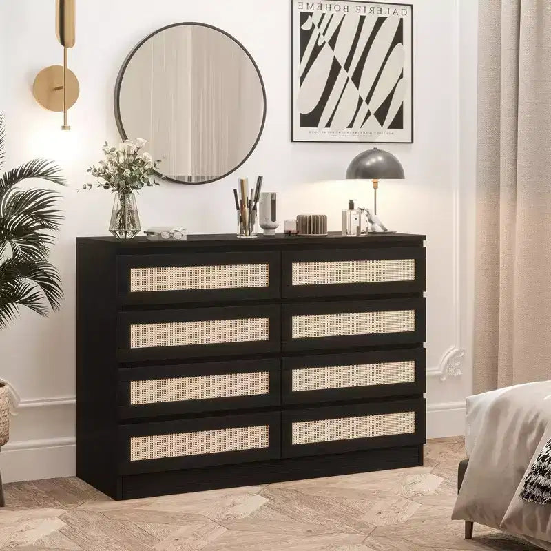 8-Drawer Double Dresser with Rattan Front – Wooden Chest for Bedroom