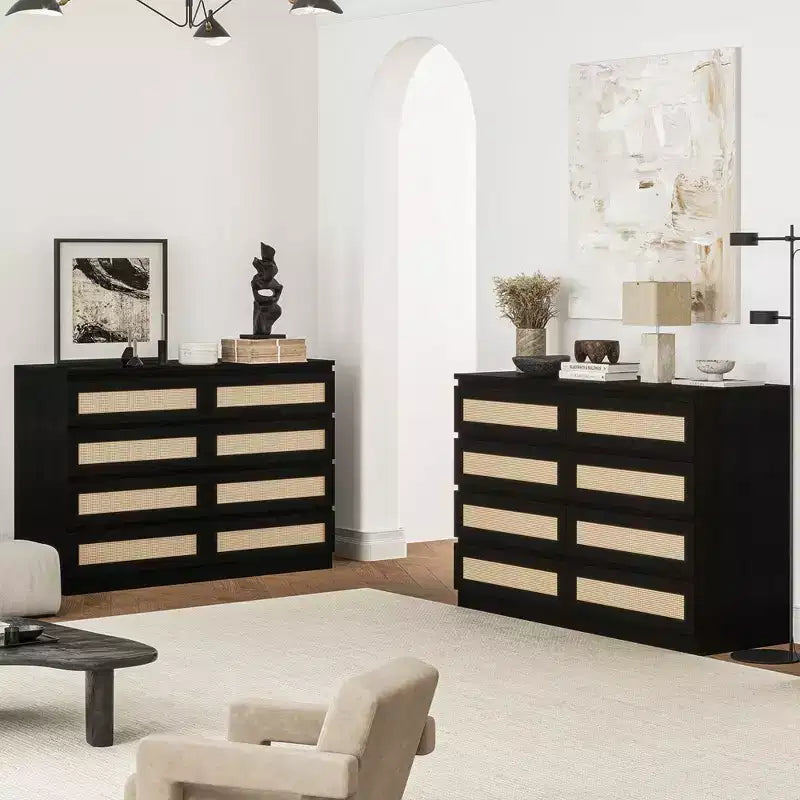 8-Drawer Double Dresser with Rattan Front – Wooden Chest for Bedroom