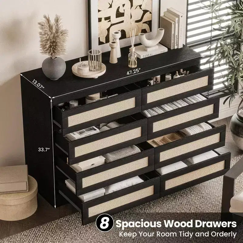 8-Drawer Double Dresser with Rattan Front – Wooden Chest for Bedroom