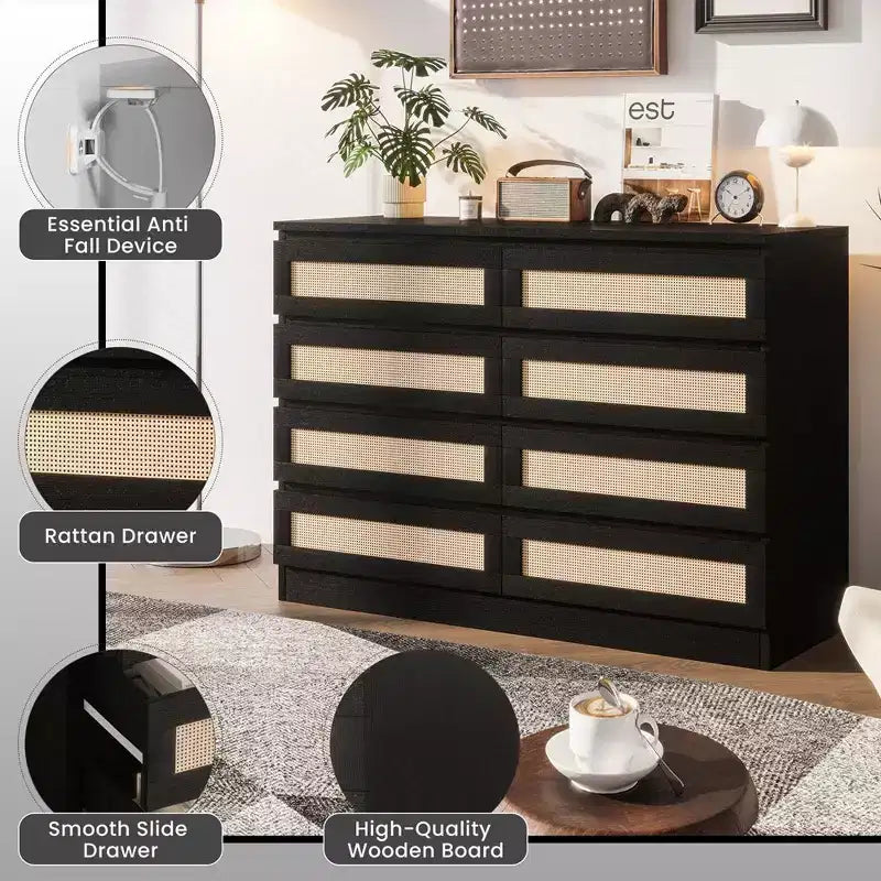 8-Drawer Double Dresser with Rattan Front – Wooden Chest for Bedroom