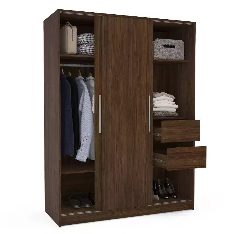 3 Sliding Doors Bedroom Clothing Armoire Wardrobe with Drawers & Shelves