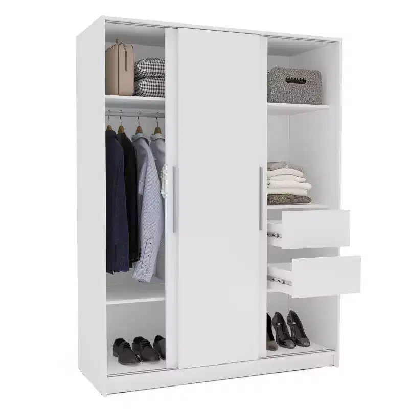 3 Sliding Doors Bedroom Clothing Armoire Wardrobe with Drawers & Shelves