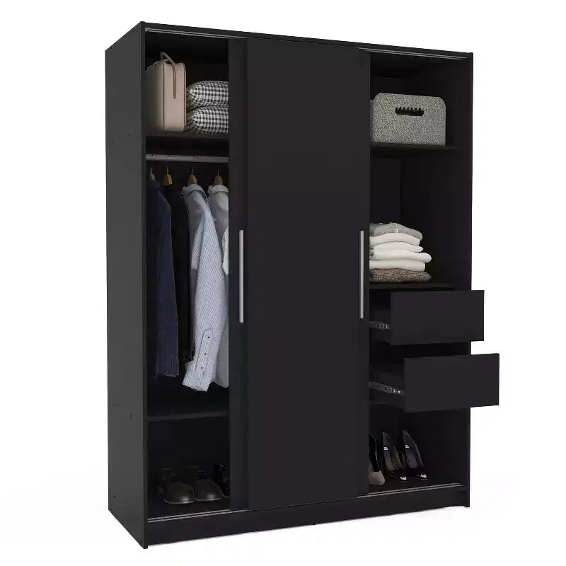 3 Sliding Doors Bedroom Clothing Armoire Wardrobe with Drawers & Shelves