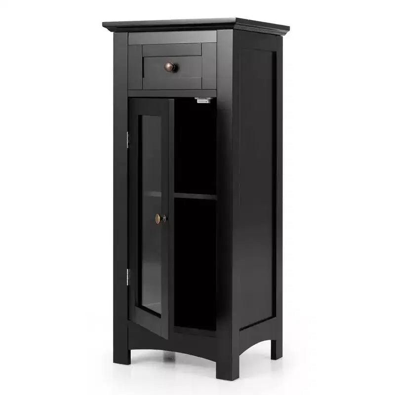 Bathroom Floor Cabinet with Glass Door, Drawer & Adjustable Shelf – Black/Brown