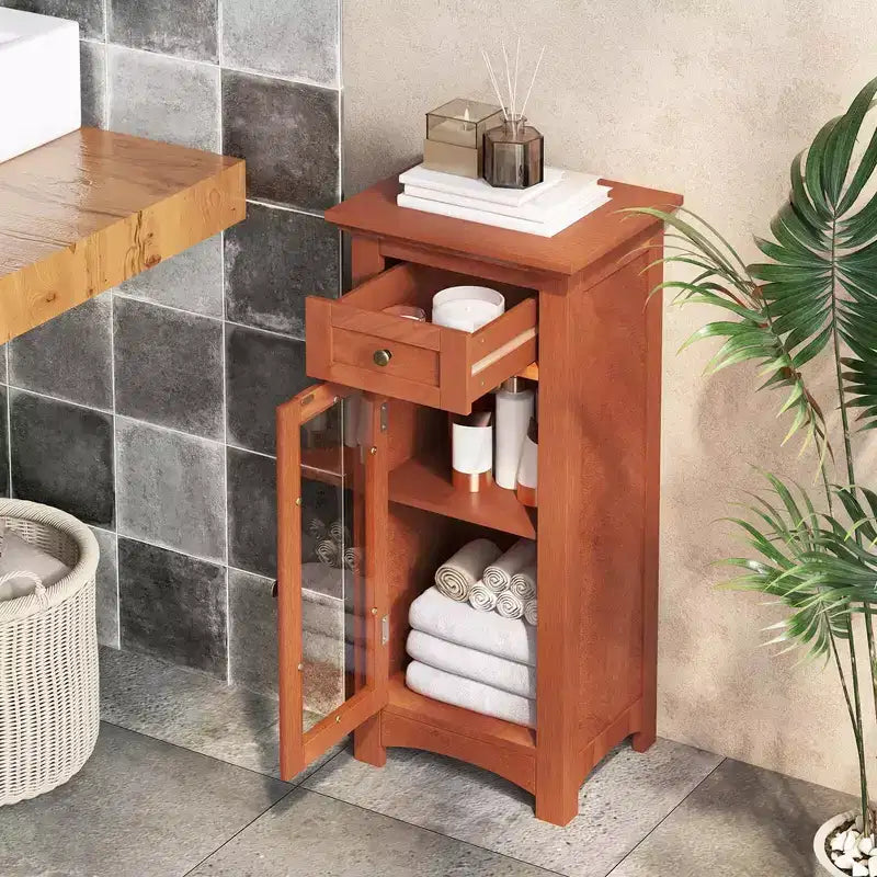 Bathroom Floor Cabinet with Glass Door, Drawer & Adjustable Shelf – Black/Brown