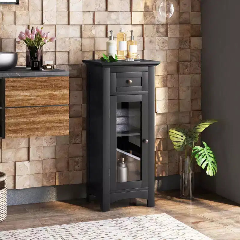 Bathroom Floor Cabinet with Glass Door, Drawer & Adjustable Shelf – Black/Brown