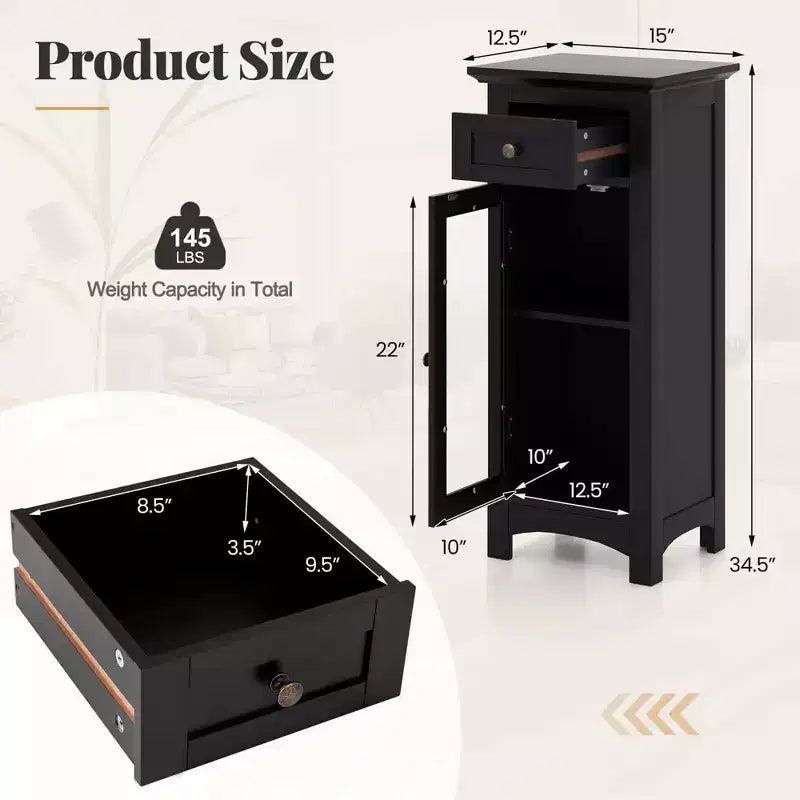 Bathroom Floor Cabinet with Glass Door, Drawer & Adjustable Shelf – Black/Brown