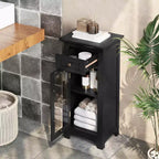Mobiletto da Bagno con Anta in Vetro, Cassetto e Ripiano Regolabile – Nero/Marrone