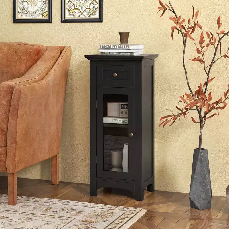 Bathroom Floor Cabinet with Glass Door, Drawer & Adjustable Shelf – Black/Brown
