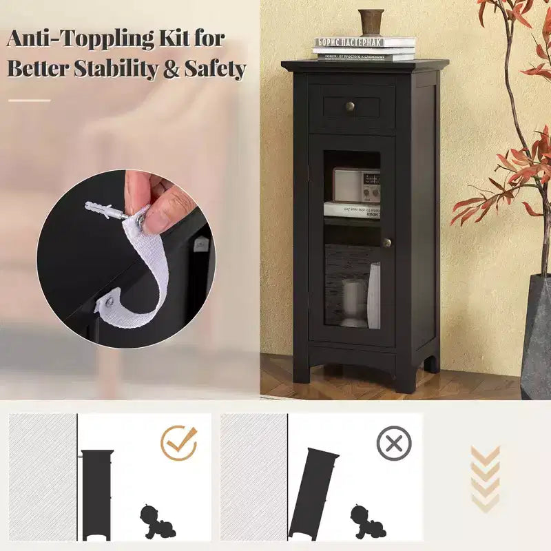 Bathroom Floor Cabinet with Glass Door, Drawer & Adjustable Shelf – Black/Brown
