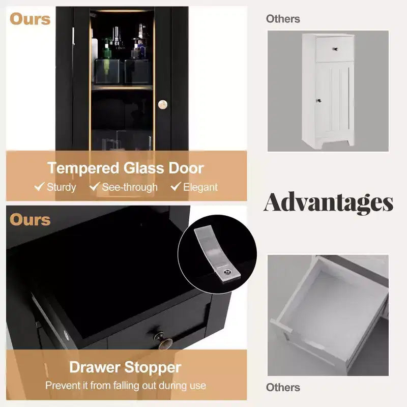 Bathroom Floor Cabinet with Glass Door, Drawer & Adjustable Shelf – Black/Brown