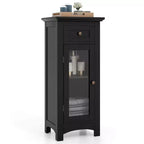 Costway Bathroom Floor Cabinet with Single Glass Door Drawer & Adjustable Shelf Black/Brown