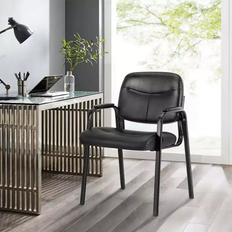 Black Leather Office Guest Chair Set of 2 – Waiting Room Chairs with Padded Seat